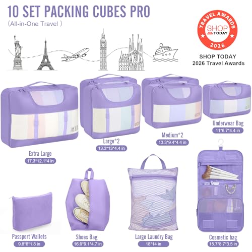 Veken 10 Set Packing Cubes for Travel Essentials,Anti-Wrinkle Buckled Suitcase Organizer for Shoe & Toiletry Bag,Carry On Luggage Bag with 99+ Count Mesh Holes for Airplane & College Dorm Accessories - color: 06 Attractive Purple