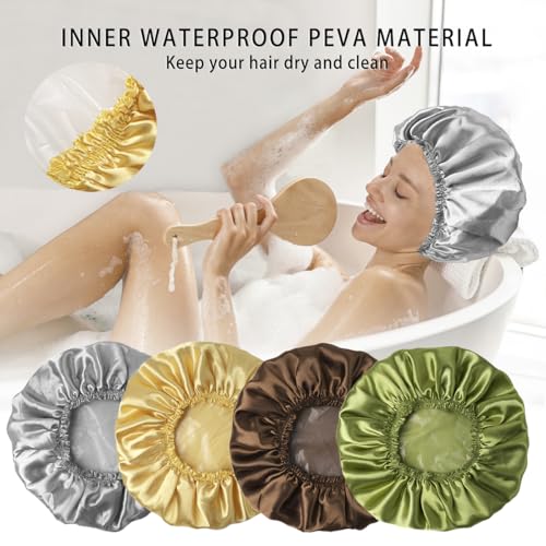 4 PCS Shower Cap for Women, Elastic and Reusable Bath Caps, Double Layers Shower Caps Reusable Waterproof, Bathing Shower Caps, Environmental Bath Hair Protection Cap -Gold+Green+Silver Gray+Brown - color: Gold+Green+Silver Gray+Brown