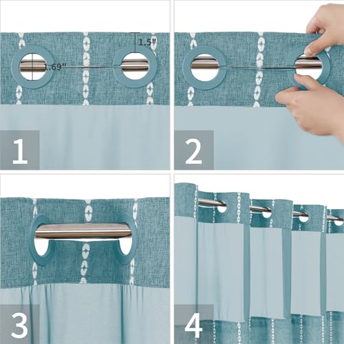 eachope Boho Farmhouse No Hook Shower Curtain Set with Snap-in Fabric Liner,Heavy-Duty Linen Textured Rustic Striped Design,Water-Repellent with Tassels and Sheer Window,Teal,71x74 - color: Teal, size: 71"W x 74"L (Pack of 1)