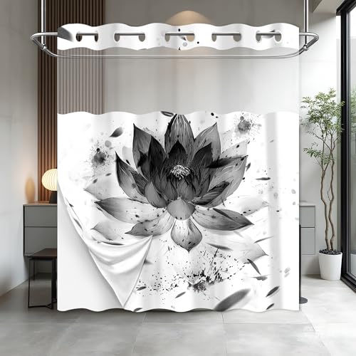 Lotus Hookless Shower Curtain with Snap in Liner, Black and White Japanese Anime No Hook Shower Curtain and Liner Set, Ringless with Window Waterproof Cloth Fabric, 71" W X 77" L - color: Ink, size: 71" W X 77" L (Pack of 1)