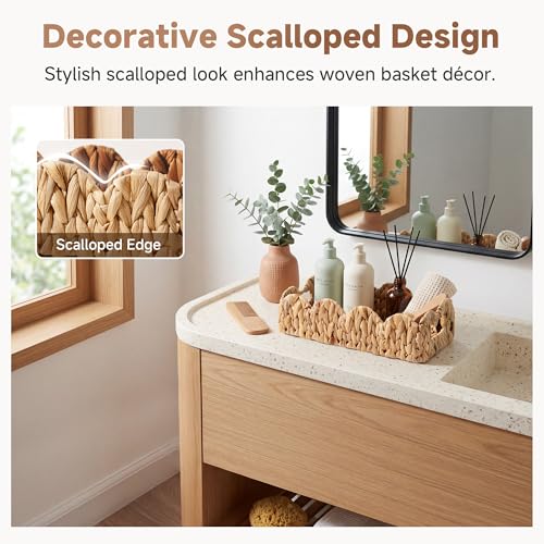 StorageWorks Small Wicker Scalloped Baskets for Bathroom Decor, Water Hyacinth Bathroom Baskets for Storage, Decorative Toilet Paper Basket for Back of Toilet Basket Tank Topper with Handles - color: Natural (Water Hyacinth), size: 14¼" L x 6¾" W x 3¾" H