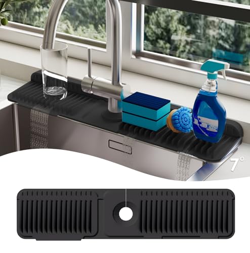 24 Inch Silicone Faucet Mat for Kitchen Sink Splash Guard - 7° Slope Upgraded Water Draining Mat with Fasten Button for Bathroom Area (Black, 24''x5.5'') - color: Black, size: 24''x5.5''