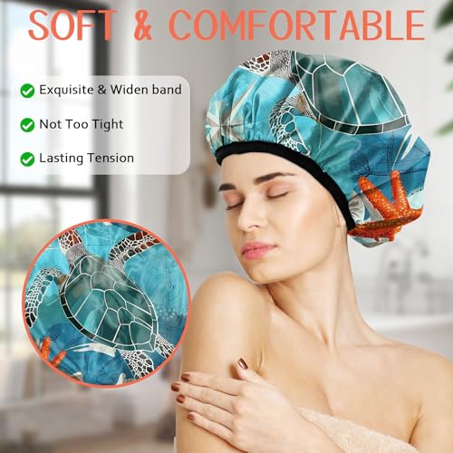 Luxury Shower Cap Terry Lined Reusable Triple Layer Waterproof Hair Elastic Caps Shower Bath Hat for Women Girls Cute Aesthetic-Sea Turtle - color: AL4-Sea Turtle