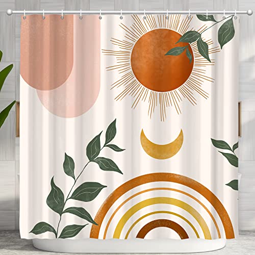 Mid Century Abstract Boho Orange Aesthetic Shower Curtain Set, Spring Summer Pink Green Nature Leaf Sun Modern Minimalist Home Bathroom Curtain Decor with 12 Hooks 72x72 Inches - color: Orange, size: 72"W x 72"L (Pack of 1)