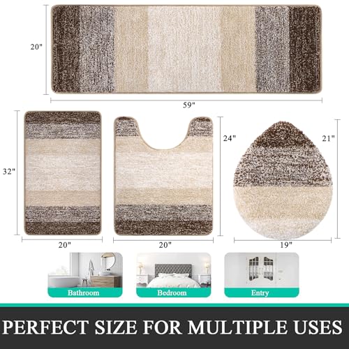 Bsmathom Bathroom Rugs Sets 4 Piece with Toilet Cover, Plush Shaggy Bathroom Rugs Non Slip Washable, Absorbent Microfiber Bath Mat Set with U-Shaped Contour Toilet Mat, Dark Coffe - color: Dark Coffee, size: 20"x31"+20"x59"+U20"x24"+Cover19"x21"
