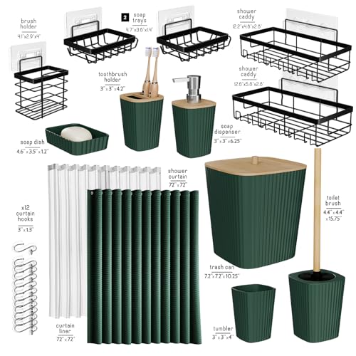 Clara Clark Bathroom Accessories Set - Bathroom Set with Adhesive Corner Shower Caddy Hanging, 25PC Bathroom Accessory Set, Hunter Green Shower Curtain Set, Toilet Brush, Trash Can & Soap Dispenser - color: Hunter Green, size: Complete Set + Shower Caddy
