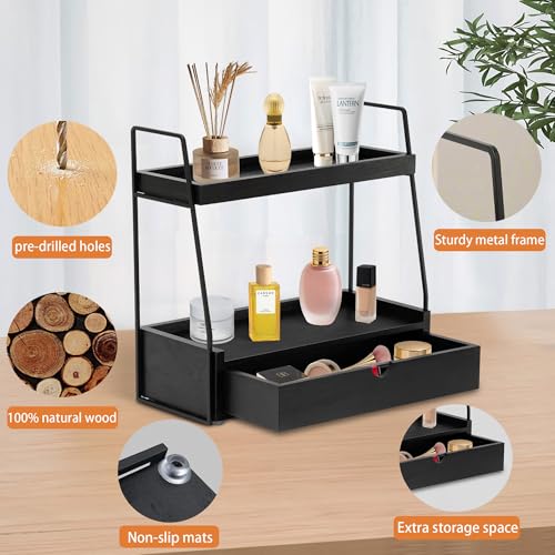 2-Tier Bathroom Organizer Countertop with Drawer, Wood Counter Organizer for Bathroom Decor, Sink Shelf for Vanity Storage, Makeup Tray for Perfume Skincare, Spice Rack Bedroom Kitchen Corner - color: Black
