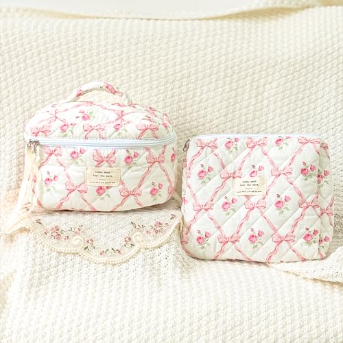 Sminra Makeup Bag Large Travel Quilted Cosmetic Makeup Bag Organizer, Floral Cotton Coquette Aesthetic Toiletry Bag for Women Girls (Pink Bow Flowers) - color: Pink Bow Flowers