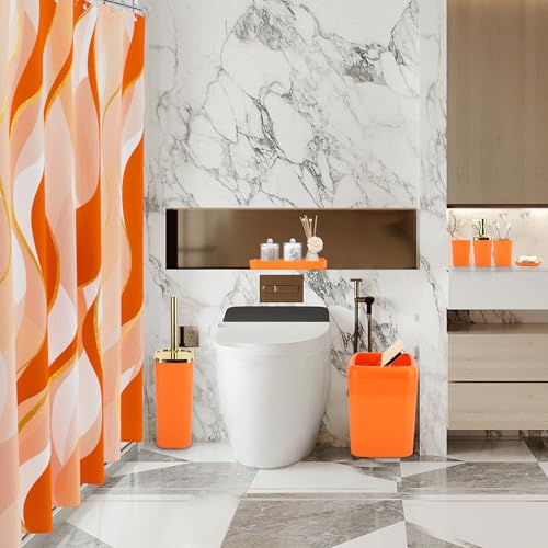 XLHOMO Orange Bathroom Accessories, Bathroom Sets with Stripe Shower Curtain, Orange and Gold Bathroom Accessories Set with Trash Can, Soap Dispenser, Soap Dish, Qtip Holders for Bathroom - color: Stripe Orange & Gold, size: Complete Set