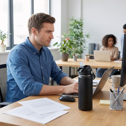 Fijinhom 24oz Insulated Stainless Steel Water Bottle, Wide Mouth Double Wall Vacuum, Silicone Straw, Sweat & Leak Proof, BPA Free Insulated Water Flask for Travel, Keep Cold 24h Hot 12h, Black - color: Black, size: 24 Ounces