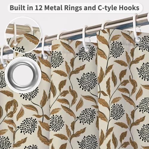 Vintage Botanical Shower Curtain with Hooks, Boho Brown Leaf and Black Floral Cluster Print Waterproof Fabric Bath Curtain for Farmhouse French Country Bathroom Decor, 71x74 Inches - color: Boho Botanical