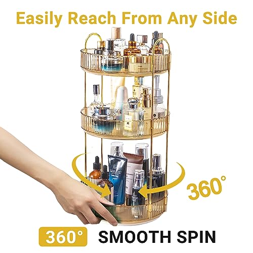 Asayuee 360 Rotating Makeup Organizer for Vanity,3 Tier Large Capacity Vanity Storage,Skincare Perfume Spinning Organizer,Bathroom Cosmetics Storage Makeup Stand Organizer (Gold-3 Tier) - color: Gold, size: 3 Tier