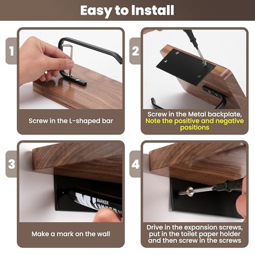 Toilet Paper Holder with Walnut Wood Shelf - Wall Mount & Self-Adhesive Bathroom Tissue Holder, Black Stainless Steel with Walnut Shelf for Phone - Home Apartment Restroom Decor Essentials - color: Walnut & Matte Black