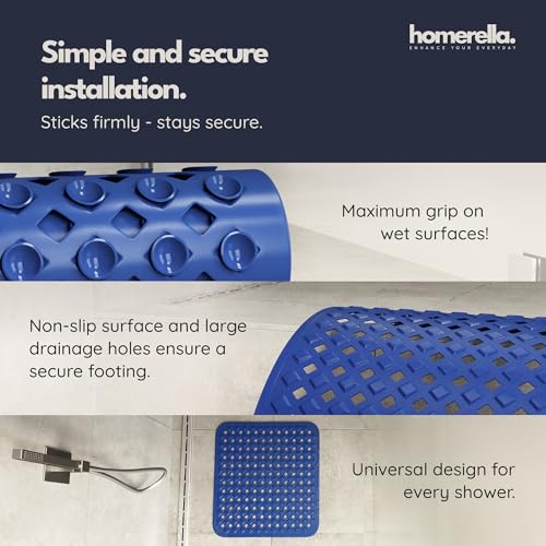 homerella® Shower Mat Non Slip Anti Mold, Non Slip Shower Mats for Inside Shower Stall Anti Slip Mat, Square Shower Floor Mat 21 x 21 in with Suction Cups & Hooks for Quick Drying, Machine Washable - color: Royal Blue