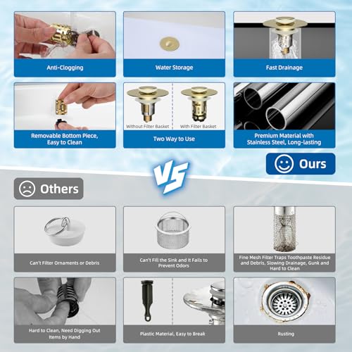 Hibbent Upgraded 3 in 1 Bathroom Sink Drain Strainer, Universal Pop Up Stopper with Removable Stainless Steel Filter Basket Hair Catcher, Sink Plug for 1.1''~2.36'' Basin, Brass Core, Brushed Gold - color: Brushed Gold