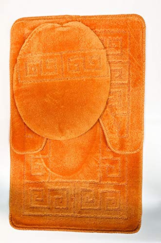 WPM WORLD PRODUCTS MART Bathroom Rugs Sets 3 Piece Bath Set Pattern Rug (20"x32")/Large Contour Mats (20"x20") with Lid Cover (Orange) - color: Orange