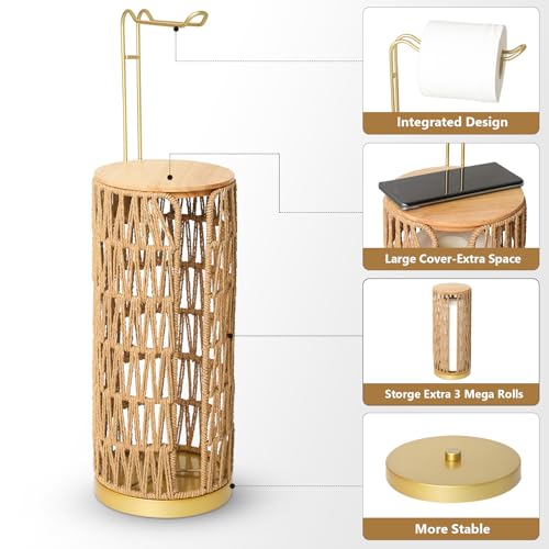 Trongee Freestanding Toilet Paper Holder with Storage,Goldn Handmade Woven Toilet Paper Roll Holder Stand,3 Rolls of Tissue Holder for Bathroom,Rattan Sturdy Boho Bathroom Toilet Paper Storage - color: Gold