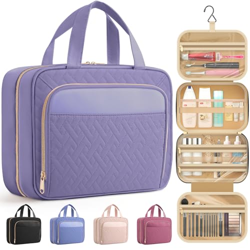 HOTOR Hanging Travel Toiletry Bag Women Men, Light Purple, Medium | Waterproof Makeup Bag Hanging Hook,Multiple Pockets,Travel Essentials,11.2 x 3.2 x 8.9inches - color: Light Purple, size: Medium