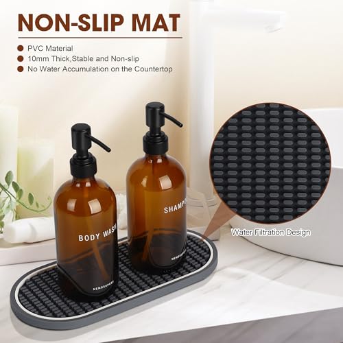 Amber Glass Shampoo and Conditioner Dispenser Set – 16.9oz Refillable Bottles with Stainless Steel Pump, Non-Slip Mat & Waterproof Labels –Shampoo Conditioner Body Wash Dispenser for shower - color: Amber