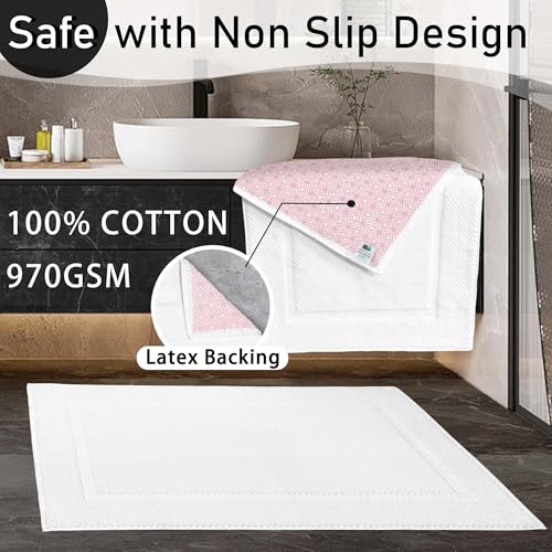 VOOVA & MOVAS Absorbent White Cotton Bath Mats Set of 2 Bathroom Rugs - Non Slip Function, Thick 970gsm, Machine Washable, Luxury Style, Large 20"x32" Rubber Backed Bathroom Mats, Quick-Dry - color: White, size: 19"x35"