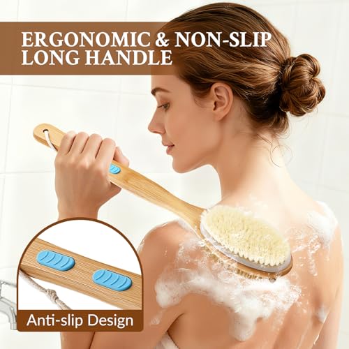 Body Brush with Back Scrubber, Double-Sided Long-Handled Bath Brush with Soft and Firm Bristles for Gentle and Deep Exfoliation, Wet/Dry Use, 2 Pack - size: Anti-slip