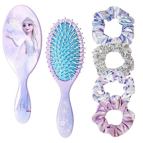 Frozen Princess Elsa Hair Accessory 5 Pcs Set - 1 Regular 9 inch Frozen Hairbrush & 4 Frozen Scrunchies - Detangling Brush & Elastic Hair Ties Ropes for Girls, Ages 3+ - color: Elsa 5 Piece Hair Accessories