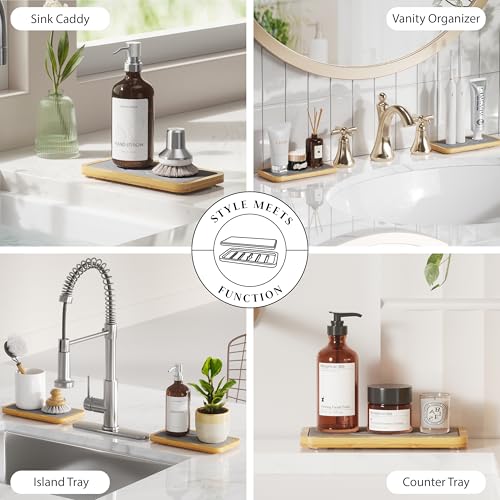 Water Absorbing Stone Tray for Sink, Kitchen Sink Caddy Organizer, Diatomite Bathroom Vanity Counter Tray, Soap Dispenser Sponge Holder, Fast Drying Stone Faucet Mat with Bamboo Tray - color: Dark Gray