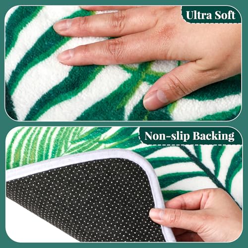 Green Bathroom Rug Set 3 Piece Palm Leaf Bathroom Rugs Set with U-Shaped Mat Green Leaves Bath Mat with Unique Leaf Shaped for Bedroom Floor Living Room Machine Washable