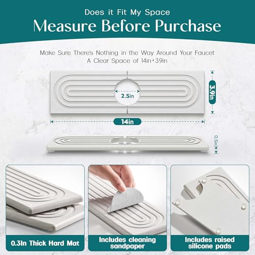 eormoe Diatomite Kitchen Faucet Mat - 14Inch Water Absorbing Stone Tray for Sink, Stone Fast-Drying Faucet Mat for Kitchen Counter Sink Accessories (Light Grey, 14'' x 3.9'') - color: Light Grey, size: 14" x 3.9"
