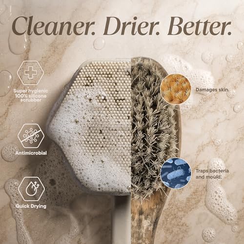 TOOLETRIES Silicone Back Scrubber for Shower with Hook - Sand | Long ergonomic bath brush with a non-slip grip for exfoliating and reaching hard-to-reach areas comfortably. - color: Sand