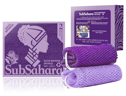SubSahara Authentic African Net Sponge - 2 Pack Exfoliating Bath & Shower Loofah Sponge for Body & Face, Gentle Scrubber for All Skin Types, Travel, Durable (Deep Purple & Iavender Purple) - color: Deep Purple & Iavender Purple