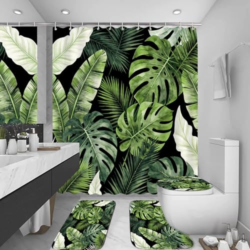 LQCOOL 4Pcs Black Green Shower Curtain Set, Modern Minimalist Bathroom Sets, Abstract Botanical Bathroom Sets with Shower Curtain and Rugs, Tropical Palm Leaves Shower Curtain with 12 Hooks - color: Balck Green