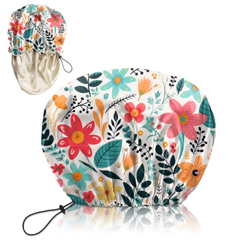Luxury Shower Cap Silk Satin Lined Waterproof Reusable Adjustable Elastic Dry Hair Bathing Caps Cute for Women Girls-Red Flower - color: C-2-Red Flower