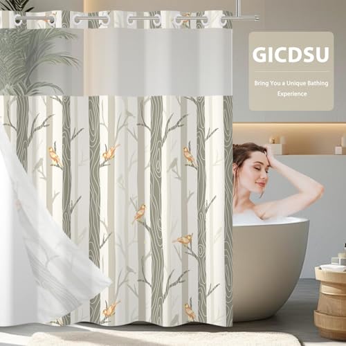 No Hook Shower Curtain with Snap in Liner, Yellow Bird Tree Fabric Shower Curtain Set for Bathroom, Hotel-Quality, See Through Top Window Design, 59" W x 79" L - color: 05 Bird - Yellow, size: 59"W x 79"L (Pack of 1)