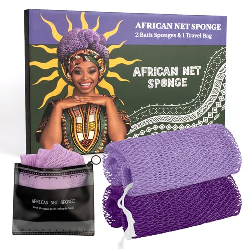 Bathway African Net Sponge Authentic with Handles (Set of 2), African Exfoliating Net Sponge, Exfoliating Body Scrubber Bath Sponge - Bathing Accessories with Storage Bag (Light Purple & Deep Purple) - color: Light Purple & Deep Purple