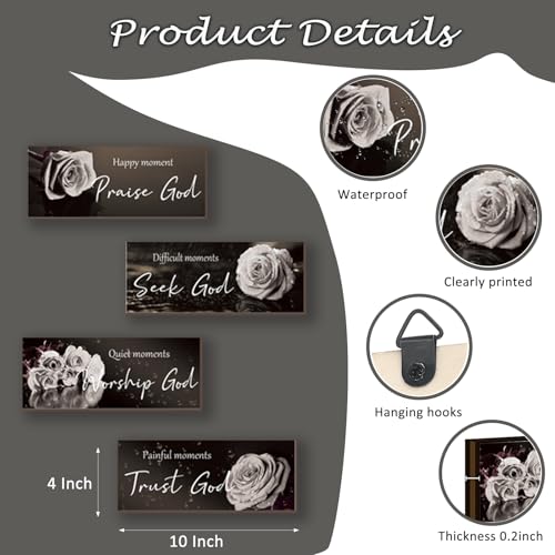 ONIZHITY 4Pcs Religious Wall Art Bible Verse Inspirational Black & White Rose Wall Decor Rustic Christian Sign for Home, Bathroom, Office, Bedroom, Living Room (10x4") - color: White Rose