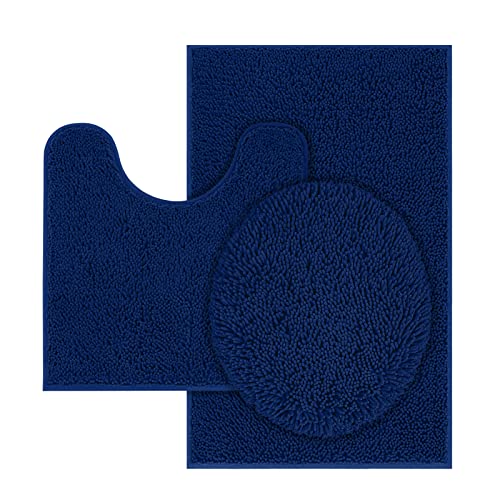 TREETONE Chenille Bath Mat 3 Pieces Bathroom Rugs Set, 20x20 Inches U-Shape Contoured Toilet Mat & 20x32Inches Rug & Lid Cover,Soft, Water Absorbent Plush Rugs for Tub Shower & Bath Room -Navy Blue - color: Navy Blue, size: Set of 3-Medium 20" x 30"/Conto