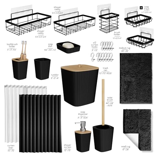Clara Clark Bathroom Accessories Set - 27PC Bathroom Set with Adhesive Corner Shower Caddy Hanging, Bathroom Sets with Shower Curtain and Rugs, Black Shower Curtain Set with Bathroom Trash Can - color: Black, size: Complete Set + Bath Rug + Shower Caddy