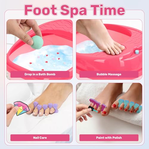 Kids Foot Spa Kit - Kids Spa Day Kit for Girls 4-12 Years. - Pedicure Foot Spa, Girls Spa Set Nails Art Salon Girl Stuff - Parties & Christmas Birthday Gifts for 7 8 9 10-12 Year Old Girl Gifts - color: Rose Red