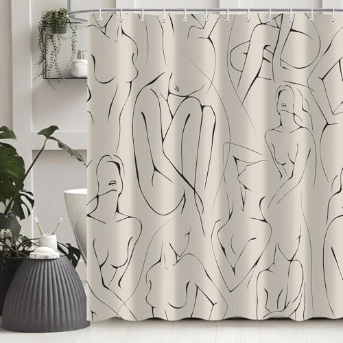 Body Shower Curtain, Abstract Line Texture Boho Bath Curtain Decor for Women, Polyester Fabric Waterproof Bathroom Decoration Accessory Set with 12 Hooks 47X64 inch - color: Beige, size: 47"W x 64"L (Pack of 1)