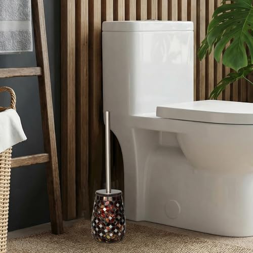 Handmade Mosaic Toilet Brush and Holder Set, Decorative Brown Glass Toilet Bowl Brush with Stainless Steel Handle, Luxury Bathroom Accessories Set, Mosaic Bathroom Decor, Weighted Base - color: Brown Mosaic