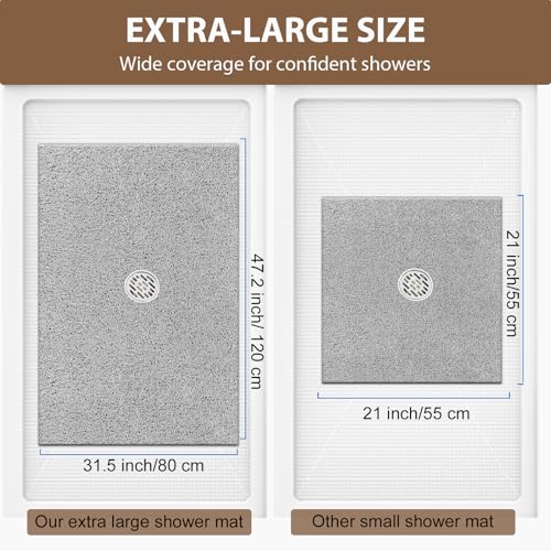 Shower Mat Non Slip: 47.2 x 31.5 Inch Extra Large Shower Mats for Inside Shower with Drain Hole - Soft PVC Loofah Anti Slip Shower Stall Mat for Walk-in Shower and Bathroom, Quick Drying - color: Grey, size: 47.2" x 31.5" (Rectangular)
