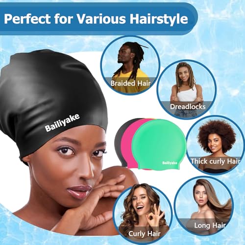 3 Pack Extra Large Swim Cap for Braids & Dreadlocks - Waterproof Silicone Swim Hat for Women with Long Thick Hair, Protective Swim Cap Cover Ears for Swimming, Shower, Bathing - color: Black+Pink+Green