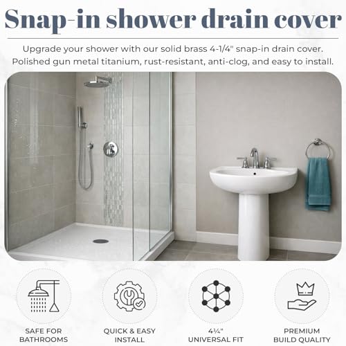 4 ¼” Polished Dark Grey Snap-in Shower Drain Cover - Replacement - 4.25" OD Strainer - Easy Install - Premium Round Shower Drain Cover - Solid Brass Construction - (Titanium/Gun Metal) - color: Polished Gun Metal/Titanium