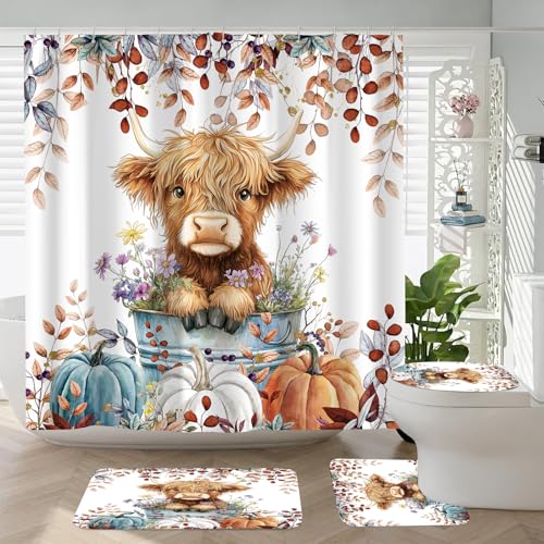 4PCS Fall Highland Cow Shower Curtain Bathroom Sets with Rugs, Toilet Lid Cover and Bath Mat, Autumn Pumpkin Thanksgiving Farmhouse Country Bathroom Decor Set with 12 Hooks - color: Fall Highland Cow