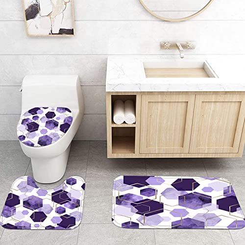 LQCOOL 4Pcs Purple Shower Curtain Set Marble Grain Geometric Bathroom Set Lavender Abstract Bathroom Curtain Set with 12 Hooks Carpet Bath Mat and Toilet Rugs - color: Purple
