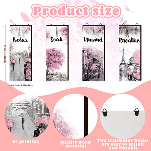 Gerrii 4 Pcs Pink and Grey Bathroom Decor Paris Decor Relax Soak Unwind Breathe Wall Art Farmhouse Bathroom Wedding Newlywed Home Spa Laundry Accessories Wood Hanging Sign(14.57 x 5.79 Inch,Rectangle) - size: 14.57 x 5.79 Inch, style: Rectangle