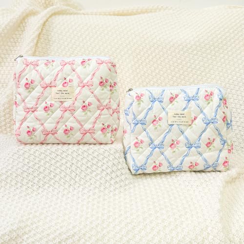Sminra Makeup Bag Large Travel Quilted Cosmetic Makeup Bag Organizer, Floral Cotton Coquette Aesthetic Toiletry Bag for Women Girls (Pink Bow Flowers) - color: Pink Bow Flowers