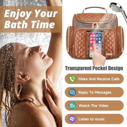 Large Leather Toiletry Bag for Women Men,Bathroom Bag,Water Resistant Shower Bag,Makeup Bag,Portable Shower Caddy for College Dorm,Hanging Travel Toiletry Bag with Transparent Waterproof Phone Pocket - color: Brown Leather-1