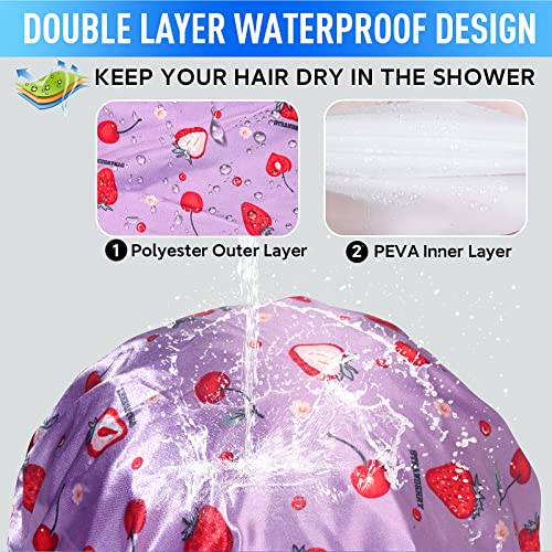 Shower Caps for Women Reusable Waterproof, Adjustable Double Layer Shower Cap, Hair Cap, Bathing Cap Shower Hat Fit for Kids Adult Hair Protection - color: Purple Strawberry, size: Medium